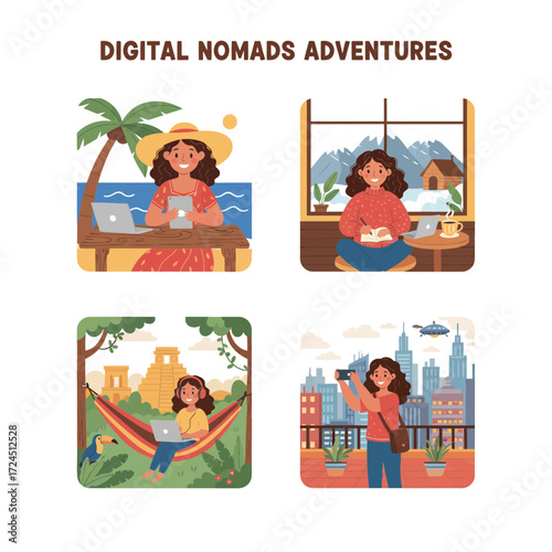 Digital nomads enjoying various locations while working remotely.