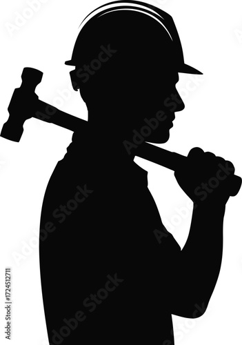 Silhouette of a strong worker man holding a hammer symbolizing construction and labor