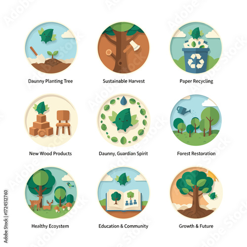 Nine illustrated circular icons depict sustainable practices: tree planting, harvesting, recycling, wood products, environmental guardianship, forest restora...
