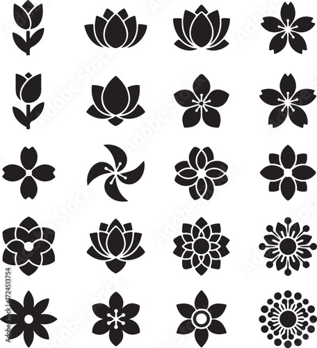 Botanical Beauty Silhouettes: A curated selection of elegant floral silhouettes, showcasing various bloom types in a monochromatic display, perfect for design concepts.