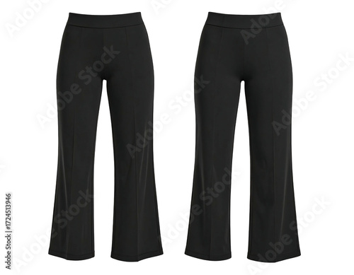 Pair of black wide-leg pants, flat-front, high-rise