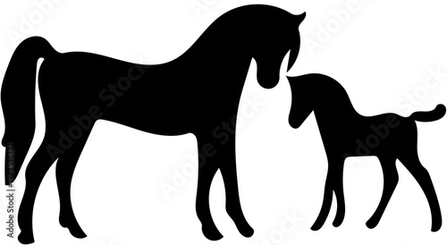 Mother and baby horse silhouette isolated on white background