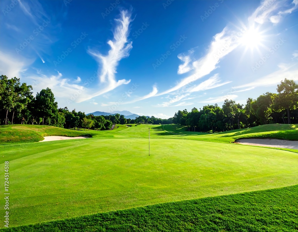 Fototapeta premium A lush golf course fairway under a vibrant sky