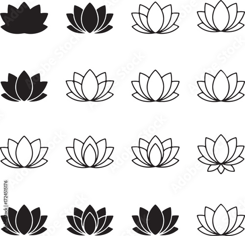 Lotus Bloom Collection: A collection of elegant, minimalist lotus flower graphic designs in both solid and line art styles, conveying serenity and natural beauty. 