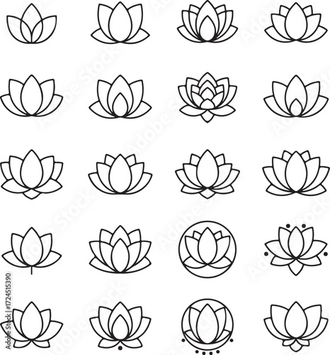 Lotus Floral Elegance: A collection of delicately drawn lotus flowers, showcasing various stylized forms, evoke a sense of serenity and purity through their elegant, minimalistic design.