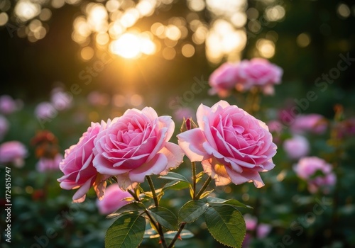 Rose Bush Blooms at Sunset, Vibrant Pink Petals with Golden Light, Nature