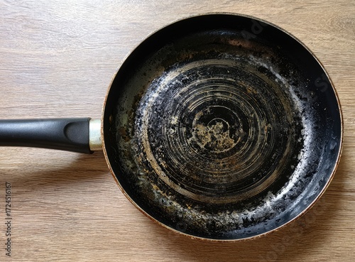 Empty used frying pan on wooden surface