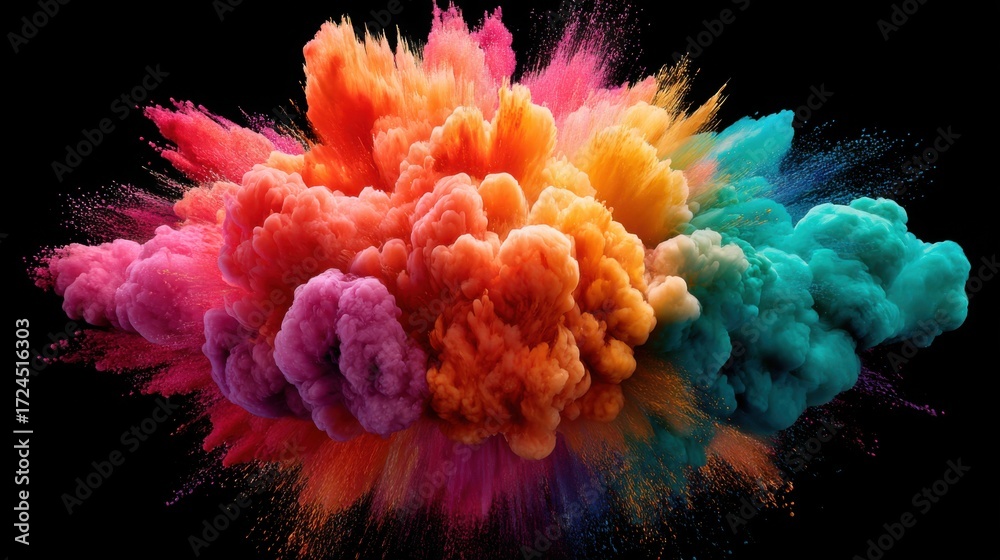 Obraz premium Colorful Explosion of Dust and Smoke Showcasing Vibrant Shades of Orange, Pink, Purple, and Turquoise Against a Black Background
