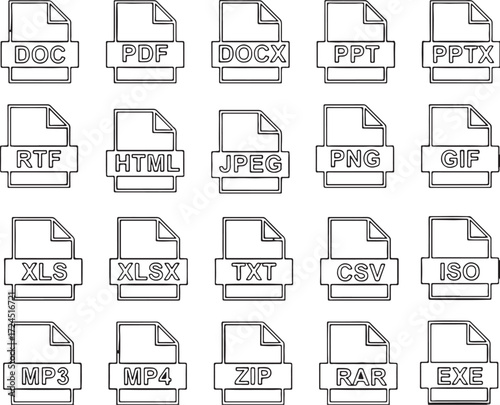 file, format, icon, document, technology, data, digital, symbol, design, graphic, collection, set, outline, black and white, doc, pdf, docx, ppt, pptx, rtf, html, jpeg, png, gif, xls, xlsx, txt, csv, 