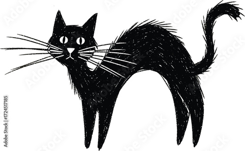 A stylized black cat arches its back with wide eyes and whiskers on a plain background illustration