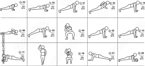 Illustration of a workout chart depicting various exercises and repetitions in a grid layout