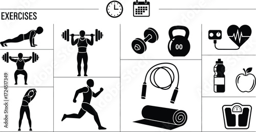 Black and white graphic illustration of various exercises and fitness related equipment and symbols