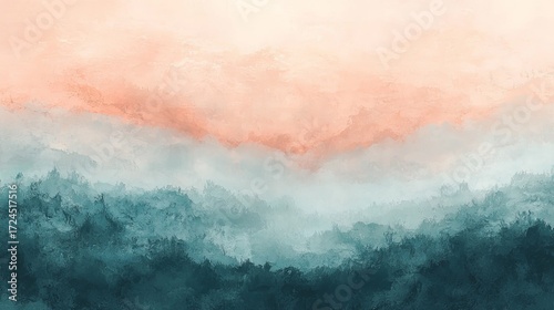Abstract watercolor landscape with soft peach sky over misty teal mountains