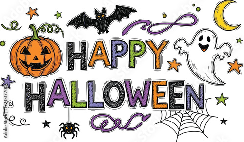 A festive happy halloween illustration with a pumpkin, bat, ghost, and other halloween themed elements