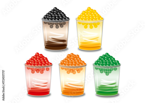 Five colorful bubble tea drinks in clear plastic cups with different flavored tapioca pearls on a white background.