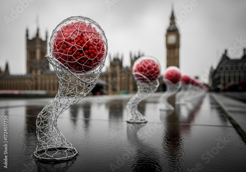 Sphere Sculpture with Red Beads in Wire Big Ben and Landmark Backdrop