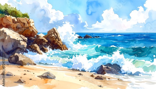 Watercolor seascape with crashing waves