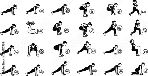 Collection of black and white exercise icons showing various movements and muscle group indicators present