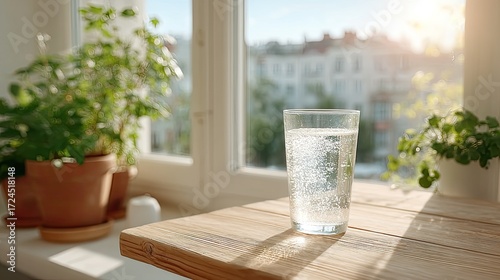 Glass of Sparkling Water on Wooden Table with Bright Sunlight and Plants