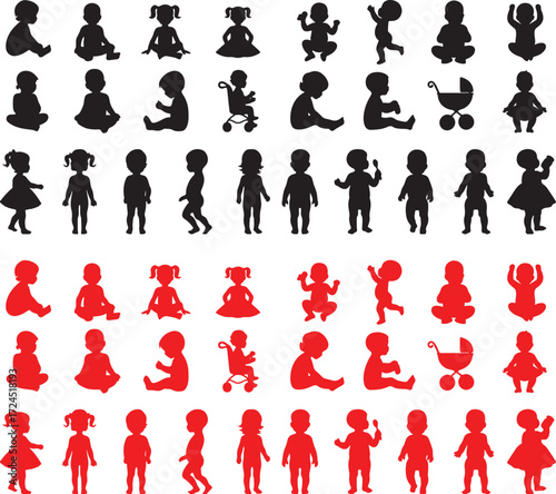 baby, babies, toddler, toddlers, child, children, silhouette, silhouettes, pose, poses, sitting, standing, crawling, playing, baby carriage, stroller, red, black, white background, collection, set, gr