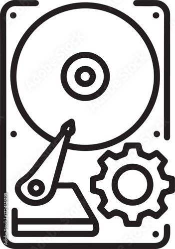 Modern vector art of hard drive disk with gear symbolizes data storage, IT solutions, computer repair, and digital technology solutions for business needs