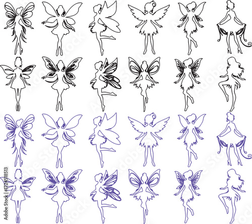 fairy, silhouette, outline, drawing, sketch, fantasy, winged, magical, creature, sprite, pixie, dancer, pose, graceful, elegant, whimsical, illustration, line art, vector, design element, decorative, 