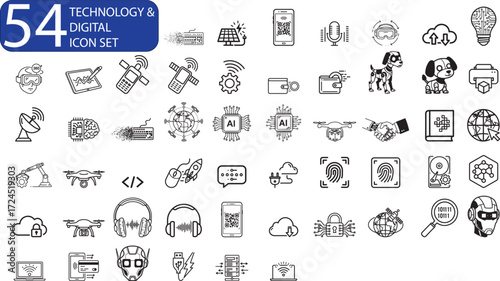 Extensive collection of technology and digital icons for modern designs, offering versatile elements for web and app development, communications and innovation