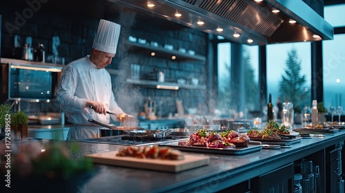 Chef Preparing Cuisine in Industrial Kitchen with Stainless Steel Appliances and Dim Lighting