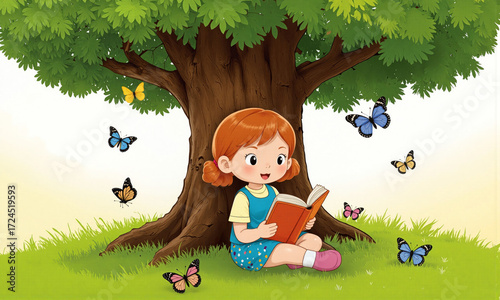 Young girl reading a book under a big tree with colorful butterflies in a bright cheerful scene, Child book illustration. Generative AI
