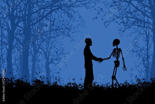Silhouette Man and skeleton shake hands in a forest Dark bushes form the foreground blue tinted trees and sky fill the background