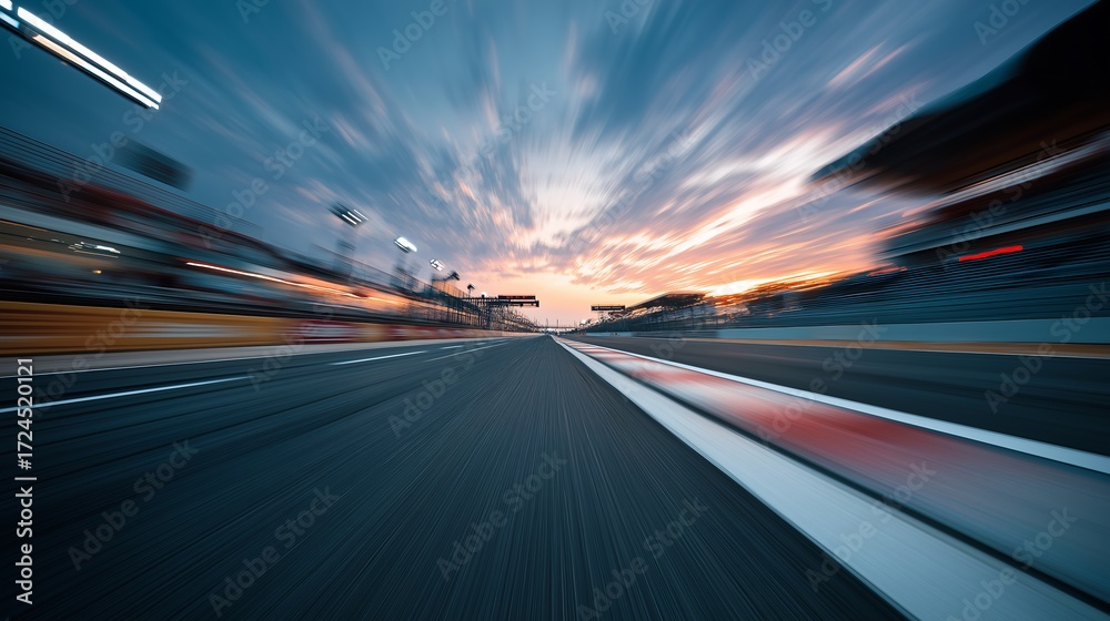 Obraz premium Racing Track at Sunset: Blurred Motion View of Speed and Competition, High-Performance Automotive Event