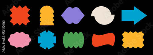 Bright abstract sticker shape set. Colorful retro pop art border element collection. Groovy geometric frame pack for badge, tag, label, banner, poster, sign, flyer, logo. Vector funky patch bundle