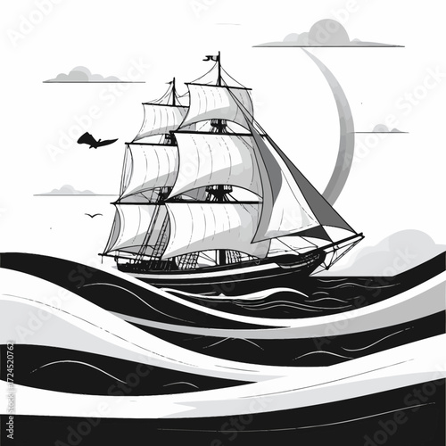 Monochrome illustration of a sailing ship on a wavy sea under a crescent moon.