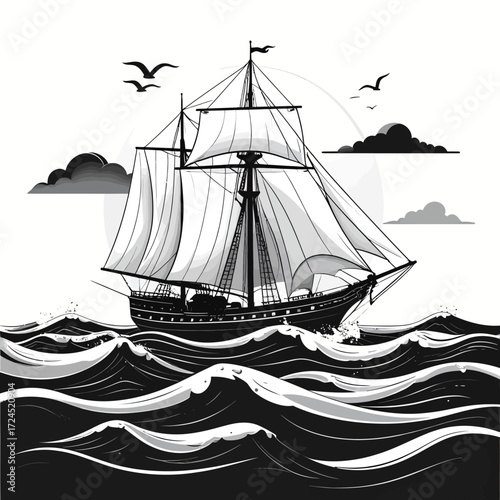 Monochrome illustration of a sailing ship on the sea with clouds and birds.