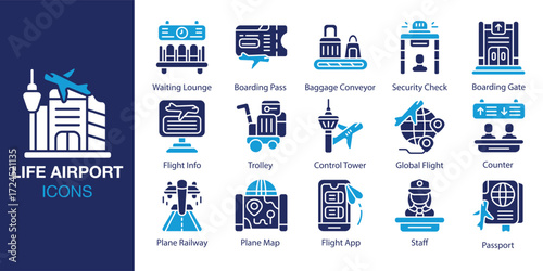 Life Airport icon set. Containing traveler, passenger, plane, journey, luggage and more. Solid vector icons collection. Vector illustration.