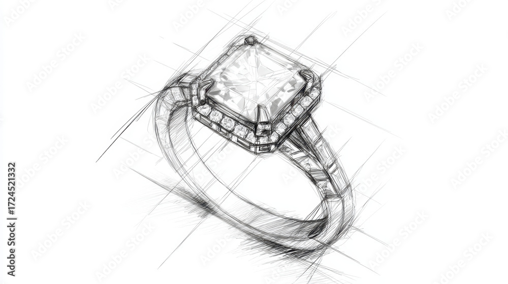 Obraz premium Brilliant diamond engagement ring design sketch with intricate details and elegant band highlighting the beauty of fine jewelry craftsmanship and romantic aesthetics