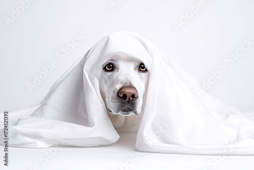 A white dog hidden under a white sheet