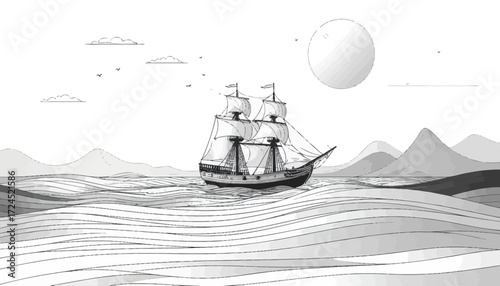 Monochrome illustration of a sailing ship on the ocean under a large moon.