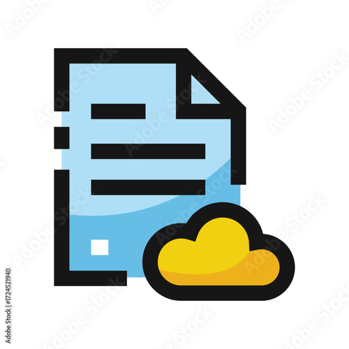 Icon of a light blue document with black lines next to a yellow cloud
