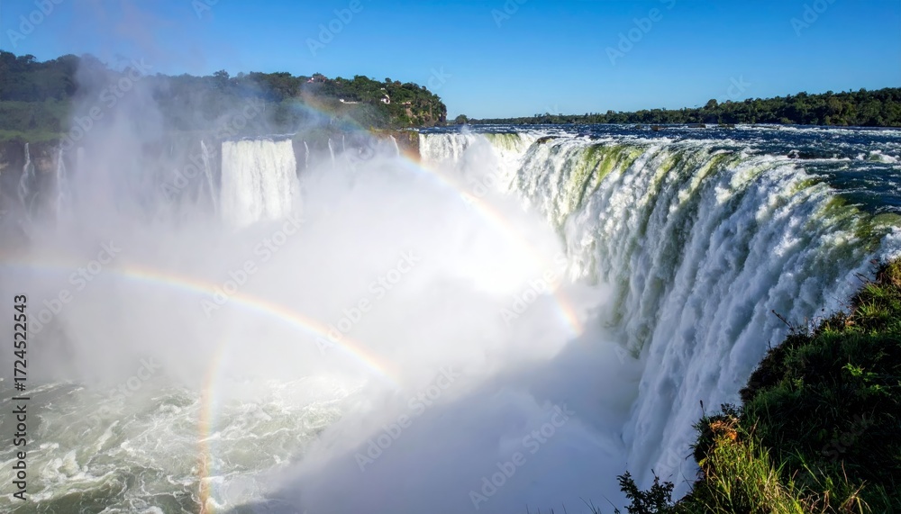 Fototapeta premium A stunning rainbow stretches over a powerful waterfall in summer, reflecting its beauty