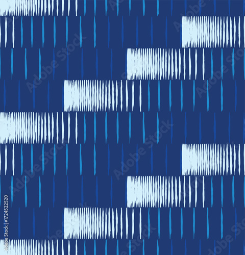 Seamless Japanese inspired abstract simplify geometric waves pattern with hand drawn vertical brush strokes and staggered bands. Evoke shibori, sashiko, and woven textile textures.