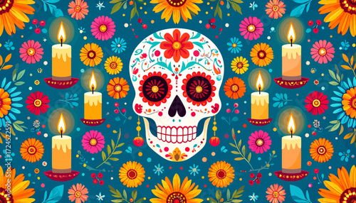 Day of the Dead: skull surrounded by candles and colorful flowers.