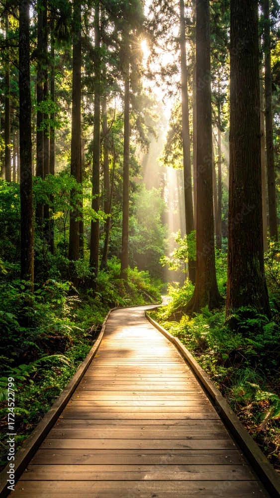 Fototapeta premium Sunbeams pierce a tranquil forest path