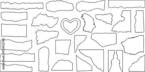torn paper, ripped paper, paper edge, paper texture, outline, line art, abstract shapes, heart shape, drawing, graphic design elements, scrapbooking, collage, distressed, rough edges, irregular shapes