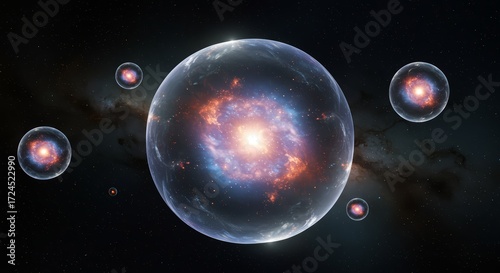 Multiple bubble-like universes floating in cosmic space, glowing spheres representing multiverse concept, theoretical physics visualization, astrophysics illustration, and cosmology science artwork