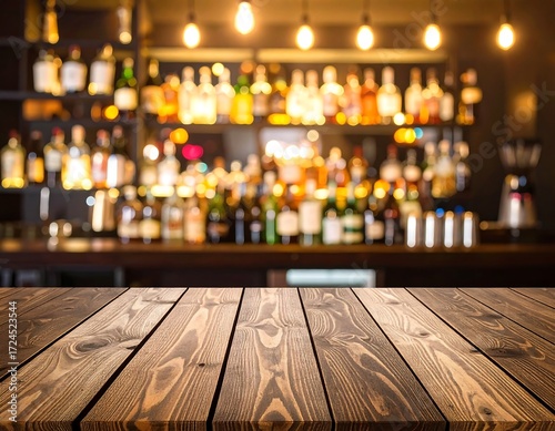 Empty wooden bar top, blurred background of a dimly lit bar