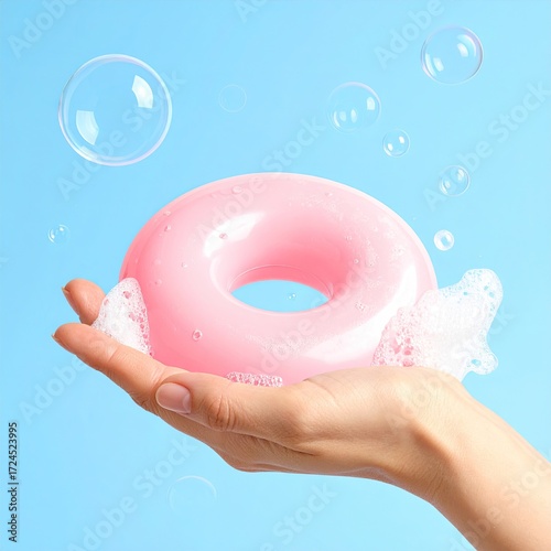 Pink donut-shaped soap in a hand, surrounded by bubbles