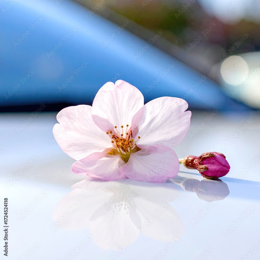 Fototapeta premium Delicate pink cherry blossom on a car (1)