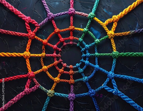 Colorful ropes forming a radial web pattern on dark background