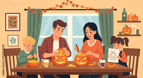 Joyful family carving Halloween pumpkins together at home